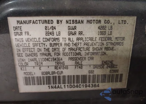 2004 Nissan Altima 2.5 S z USA, uszkodzony, nr VIN 1N4AL11D04C194364